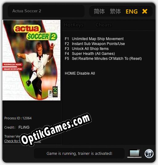 Actua Soccer 2: TRAINER AND CHEATS (V1.0.96)