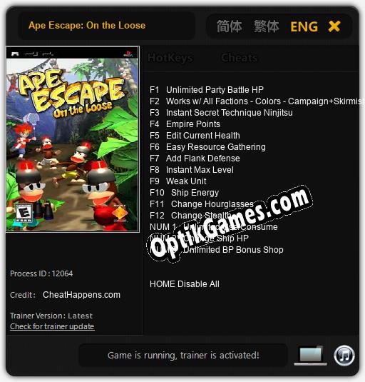 Ape Escape: On the Loose: TRAINER AND CHEATS (V1.0.4)