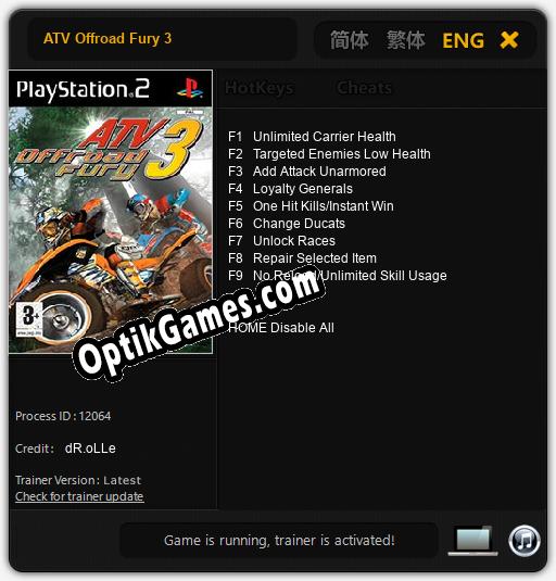 ATV Offroad Fury 3: TRAINER AND CHEATS (V1.0.67)