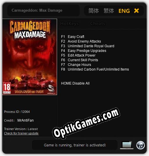 Carmageddon: Max Damage: Trainer +8 [v1.8]