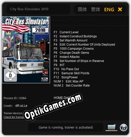 City Bus Simulator 2010: TRAINER AND CHEATS (V1.0.82)