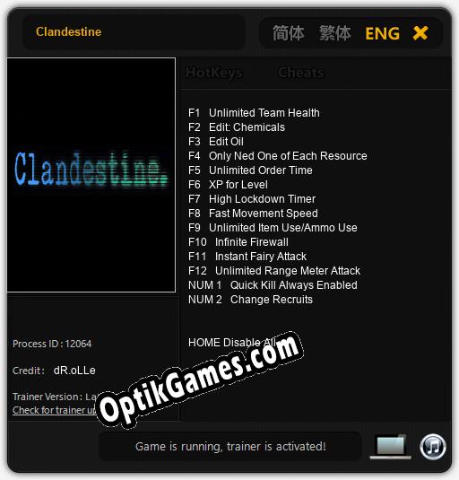 Clandestine: TRAINER AND CHEATS (V1.0.6)
