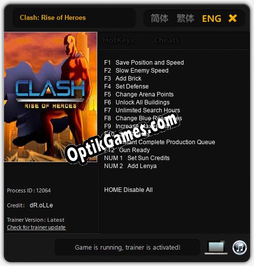 Trainer for Clash: Rise of Heroes [v1.0.9]