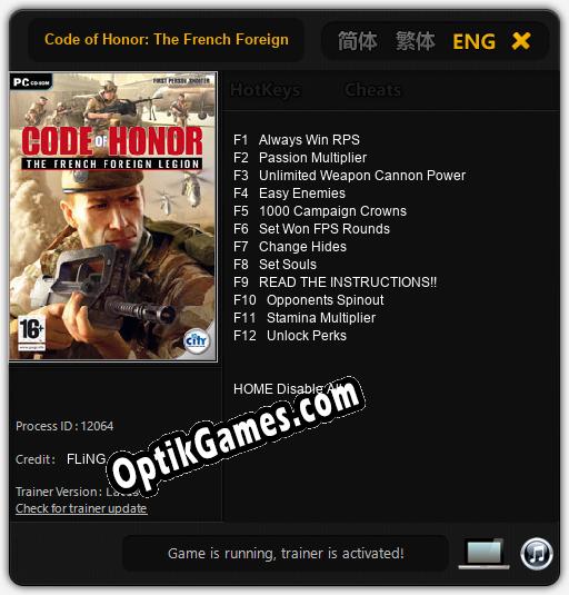 Trainer for Code of Honor: The French Foreign Legion [v1.0.7]