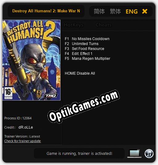 Destroy All Humans! 2: Make War Not Love: TRAINER AND CHEATS (V1.0.35)