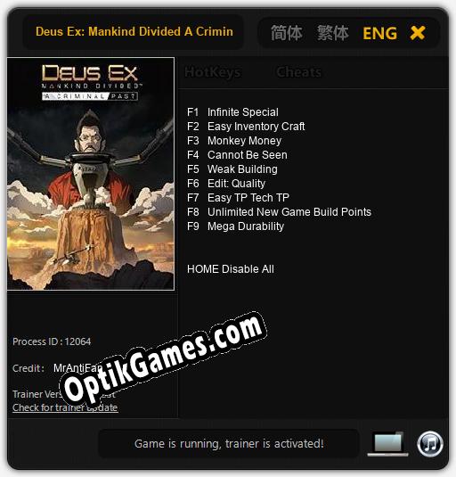 Deus Ex: Mankind Divided A Criminal Past: Cheats, Trainer +9 [MrAntiFan]