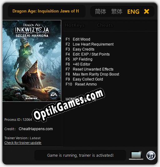 Trainer for Dragon Age: Inquisition Jaws of Hakkon [v1.0.6]