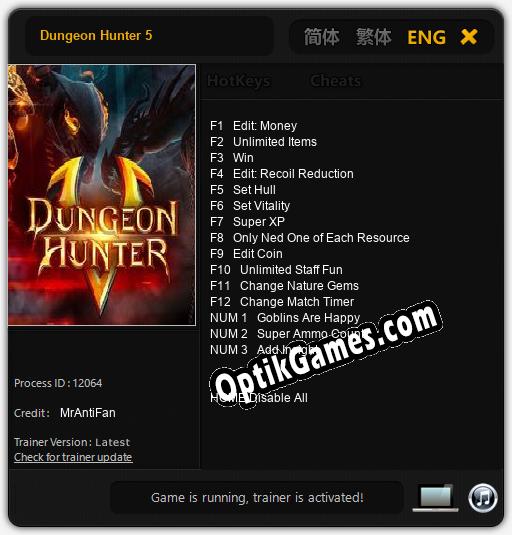 Dungeon Hunter 5: TRAINER AND CHEATS (V1.0.87)