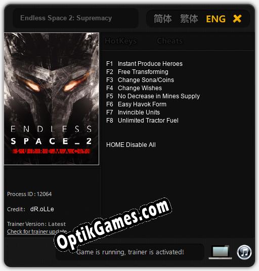 Endless Space 2: Supremacy: Cheats, Trainer +8 [dR.oLLe]