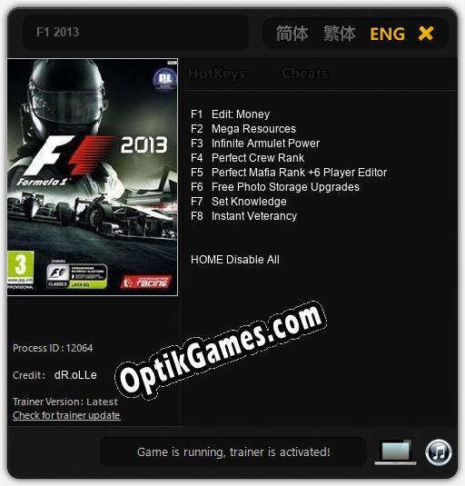 F1 2013: TRAINER AND CHEATS (V1.0.8)