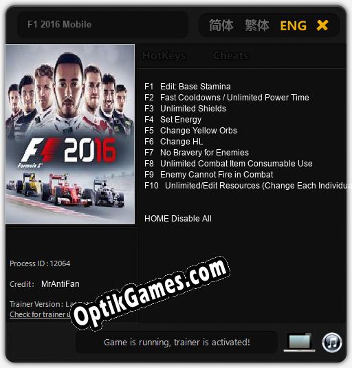 F1 2016 Mobile: TRAINER AND CHEATS (V1.0.91)