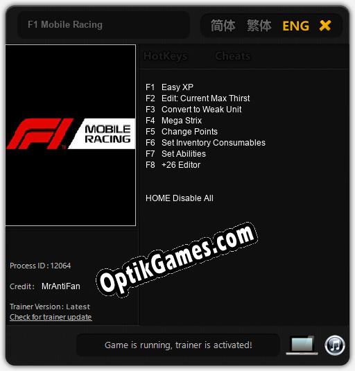 F1 Mobile Racing: Trainer +8 [v1.2]