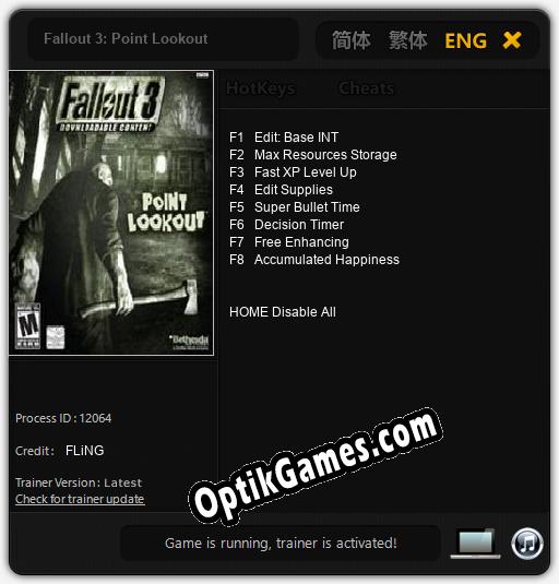 Fallout 3: Point Lookout: Trainer +8 [v1.2]