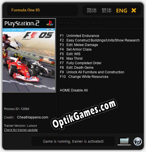 Formula One 05: Cheats, Trainer +10 [CheatHappens.com]