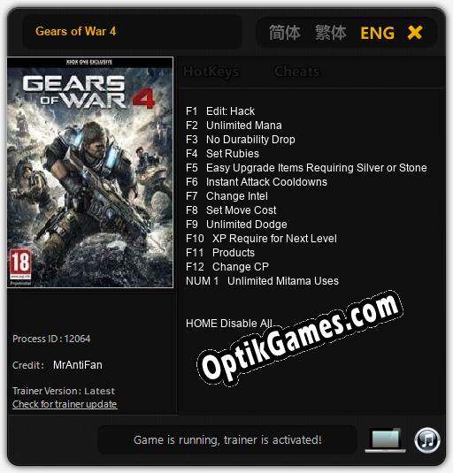 Trainer for Gears of War 4 [v1.0.3]