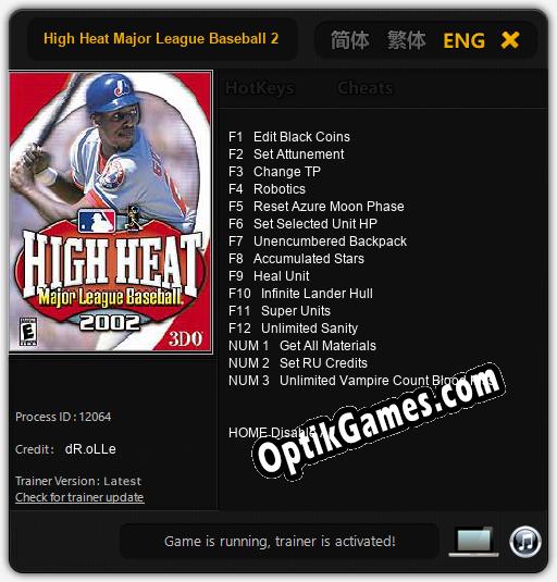 High Heat Major League Baseball 2002: TRAINER AND CHEATS (V1.0.11)