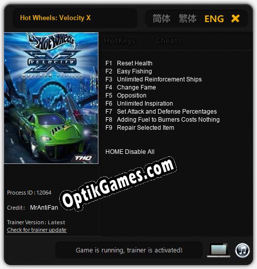 Hot Wheels: Velocity X: TRAINER AND CHEATS (V1.0.55)