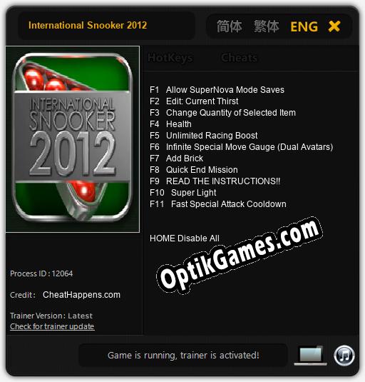 International Snooker 2012: TRAINER AND CHEATS (V1.0.47)