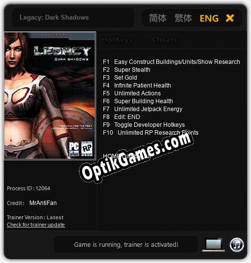 Legacy: Dark Shadows: TRAINER AND CHEATS (V1.0.30)