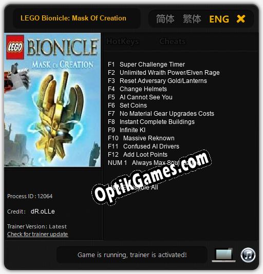 LEGO Bionicle: Mask Of Creation: Cheats, Trainer +13 [dR.oLLe]