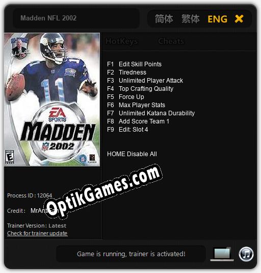 Madden NFL 2002: TRAINER AND CHEATS (V1.0.10)