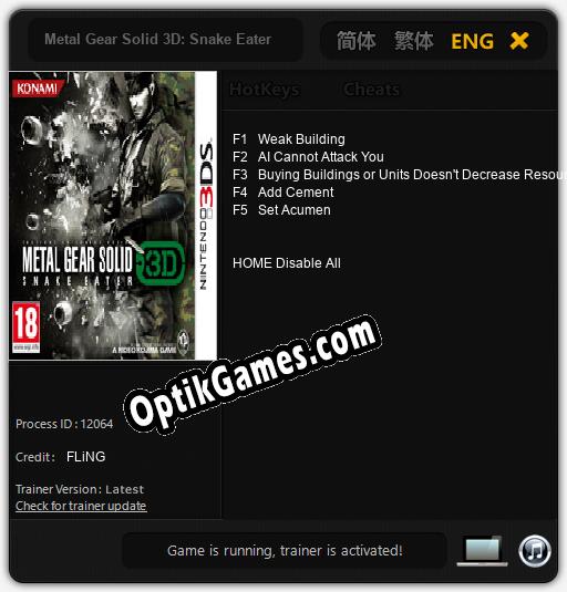 Metal Gear Solid 3D: Snake Eater: TRAINER AND CHEATS (V1.0.80)
