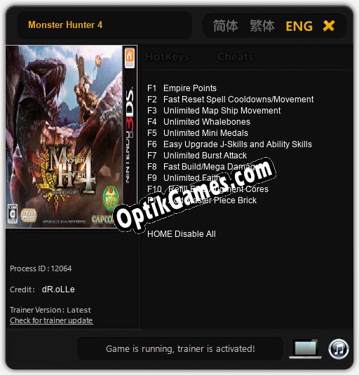 Trainer for Monster Hunter 4 [v1.0.3]