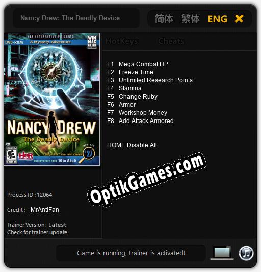 Trainer for Nancy Drew: The Deadly Device [v1.0.3]