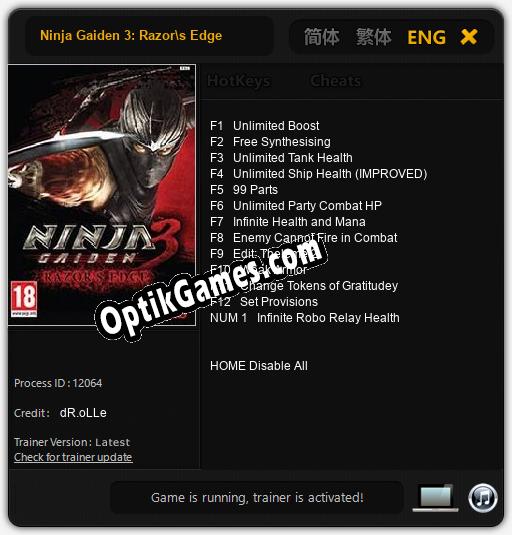 Ninja Gaiden 3: Razors Edge: Cheats, Trainer +13 [dR.oLLe]