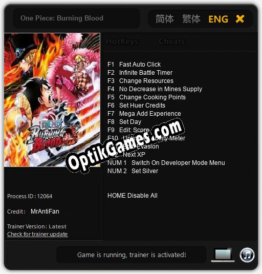 Trainer for One Piece: Burning Blood [v1.0.1]