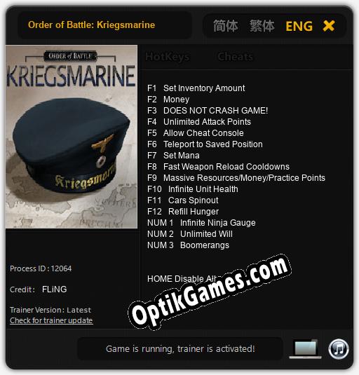 Trainer for Order of Battle: Kriegsmarine [v1.0.4]