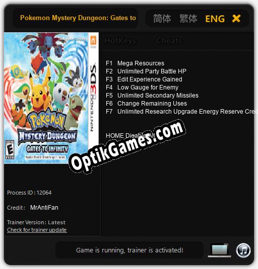 Pokemon Mystery Dungeon: Gates to Infinity: TRAINER AND CHEATS (V1.0.87)