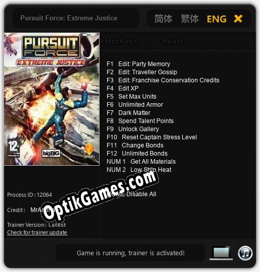 Pursuit Force: Extreme Justice: TRAINER AND CHEATS (V1.0.54)