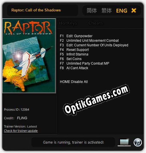 Raptor: Call of the Shadows: Cheats, Trainer +8 [FLiNG]