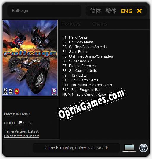 Rollcage: TRAINER AND CHEATS (V1.0.43)