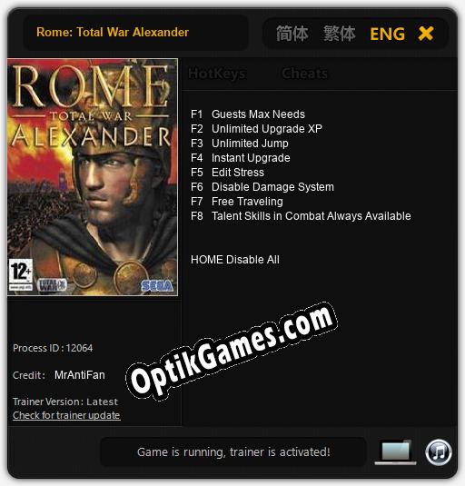 Rome: Total War Alexander: Trainer +8 [v1.5]