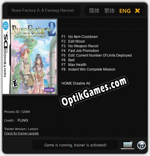 Rune Factory 2: A Fantasy Harvest Moon: TRAINER AND CHEATS (V1.0.37)