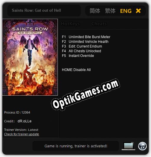 Trainer for Saints Row: Gat out of Hell [v1.0.7]