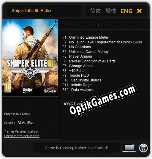 Sniper Elite III: Afrika: TRAINER AND CHEATS (V1.0.88)