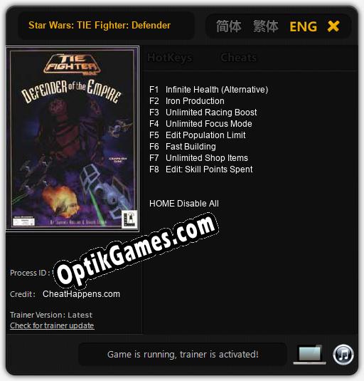 Star Wars: TIE Fighter: Defender of the Empire: TRAINER AND CHEATS (V1.0.80)