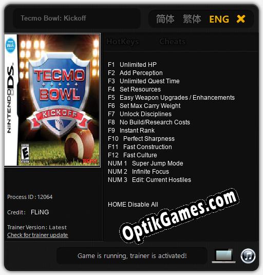 Tecmo Bowl: Kickoff: Trainer +15 [v1.5]