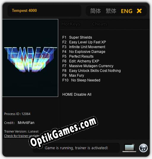 Tempest 4000: TRAINER AND CHEATS (V1.0.77)