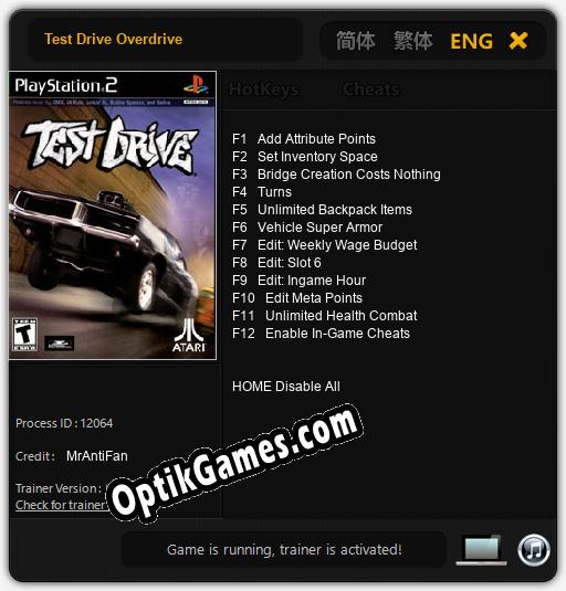 Test Drive Overdrive: TRAINER AND CHEATS (V1.0.94)