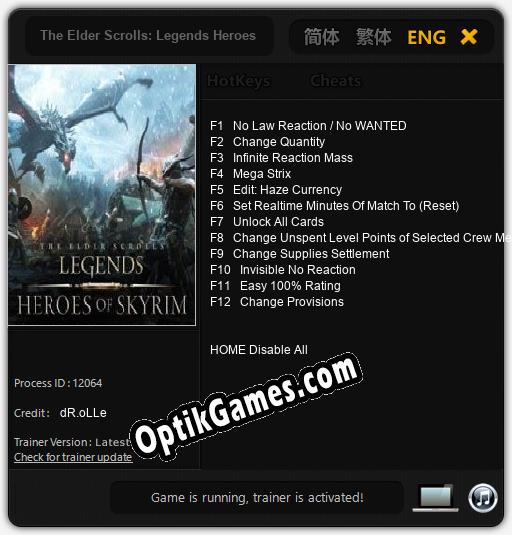 Trainer for The Elder Scrolls: Legends Heroes of Skyrim [v1.0.2]