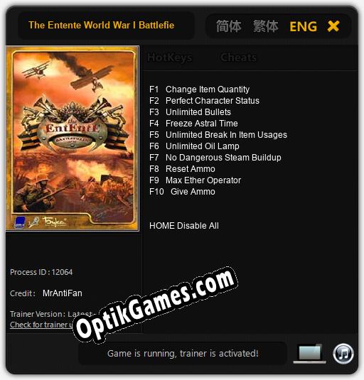 The Entente World War I Battlefields: TRAINER AND CHEATS (V1.0.6)