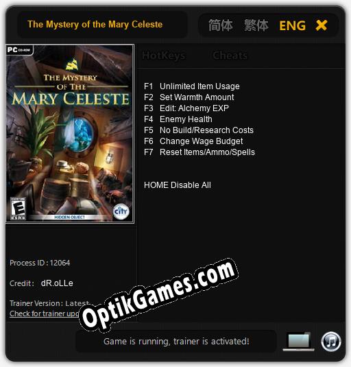 Trainer for The Mystery of the Mary Celeste [v1.0.9]