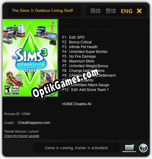 Trainer for The Sims 3: Outdoor Living Stuff [v1.0.3]