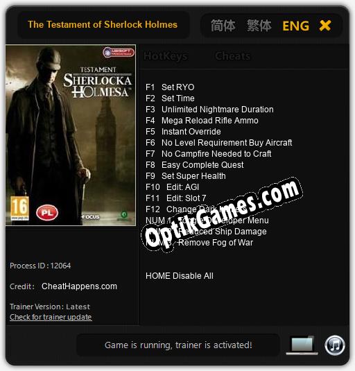 The Testament of Sherlock Holmes: Trainer +15 [v1.9]