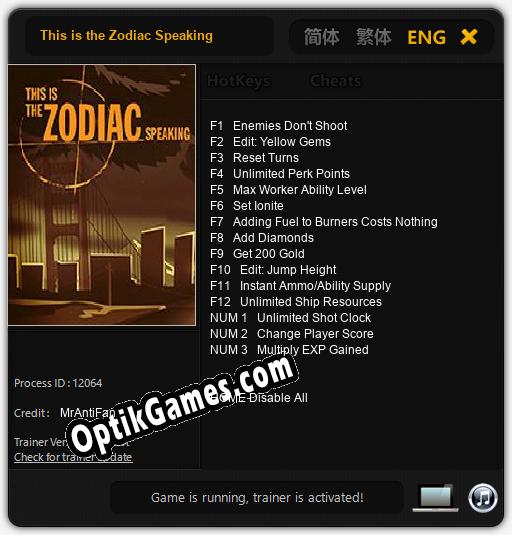 This is the Zodiac Speaking: TRAINER AND CHEATS (V1.0.67)