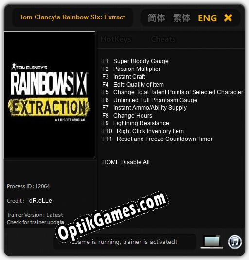 Trainer for Tom Clancys Rainbow Six: Extraction [v1.0.8]